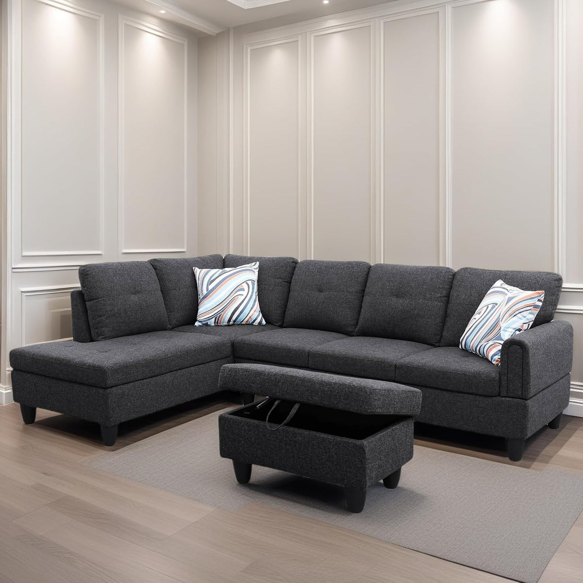 L Shaped Sectional Couches for Living Room, Modern Modular Sectional Sofa with Ottoman Storage, Comfy L Shaped Couch with Chaise for Bedroom Apartment Furniture, Gray