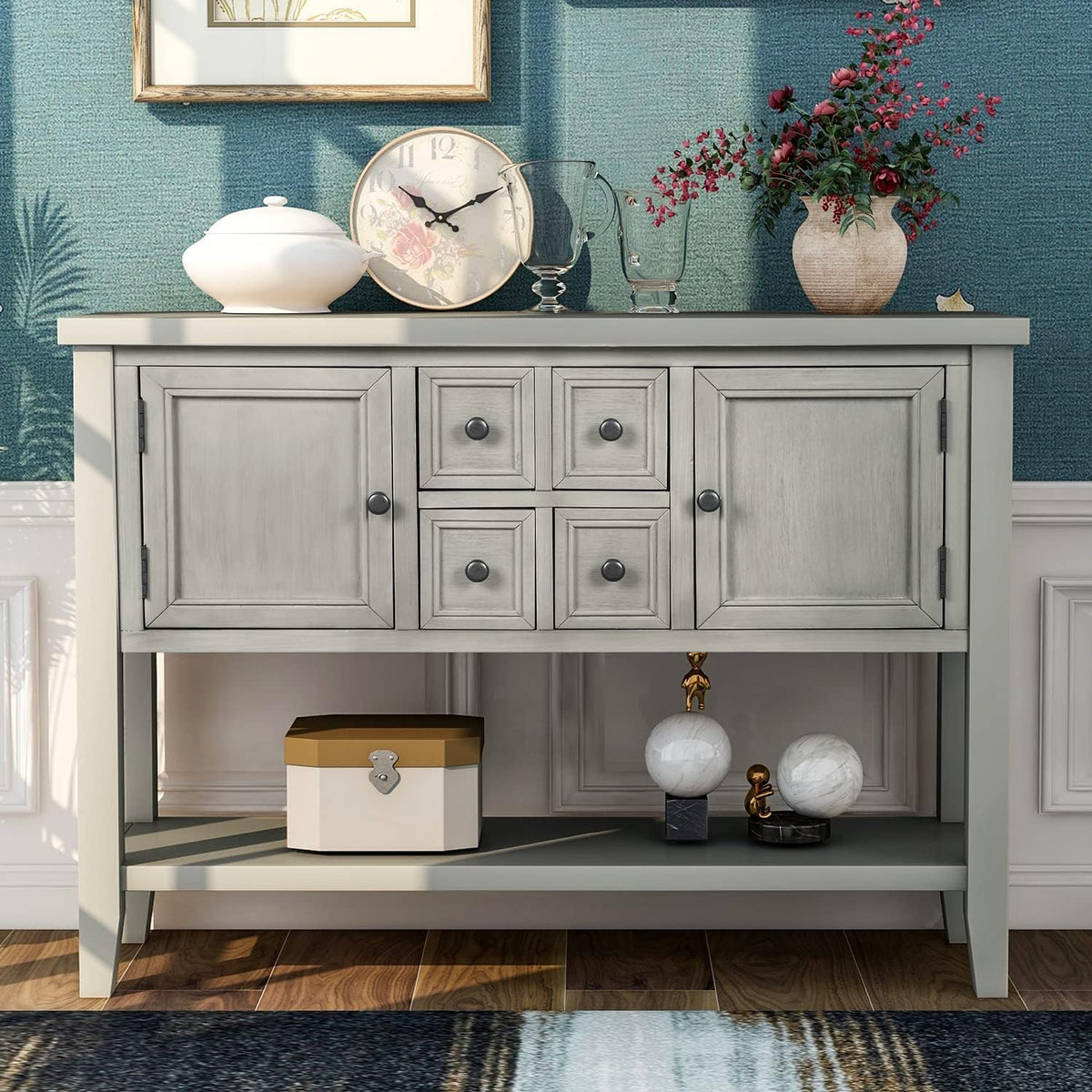 Merax Modern Wood Buffet Table with Storage Shelf, 2 Drawers and 2 Cabinets Buffet Coffee Bar Cabinet for Living Room Dinning Room Kitchen (Antique Gray)