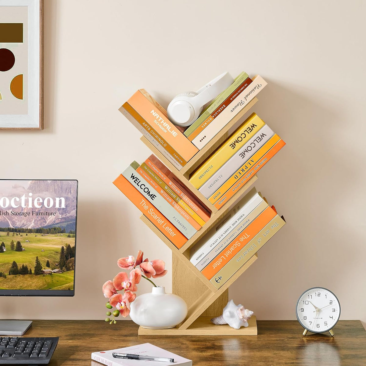 Hoctieon 4 Tier Tree Bookshelf, 4 Shelf Bookcase, Free Standing Tree Bookcase, Display Floor Standing Shelf for Books, Book Organizer Shelves for Home Office, Living Room, Bedroom, Yellow