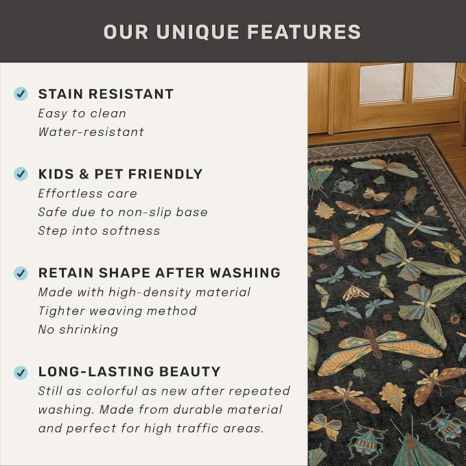 Insect Print Washable 4x6 Entryway Rug
