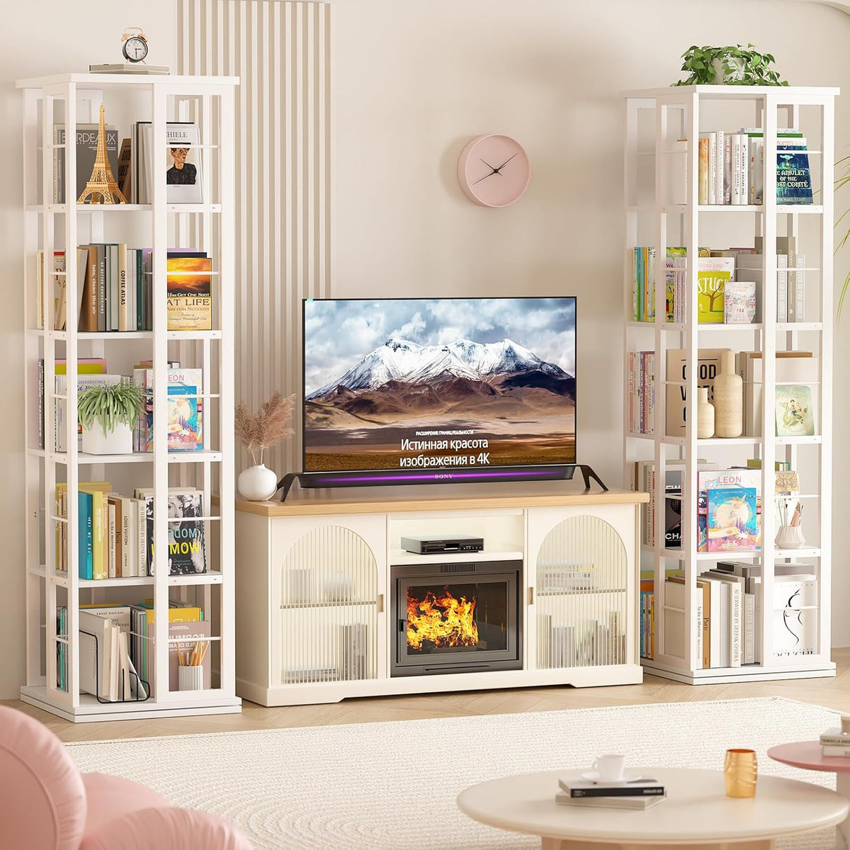 Aheaplus Rotating Bookshelf, Corner Bookcase, 360 Display Wood Spinning Bookshelves, Floor Standing Bookcases Narrow Shelf, 5 Tiers, White