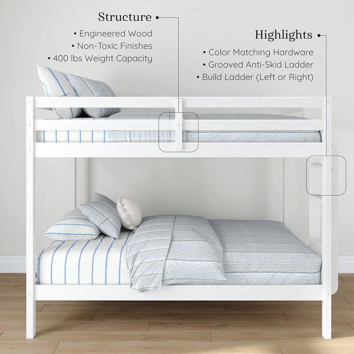 Grain & Grove Bear Twin Over Twin Bunk Bed, Sturdy Bunk Bed Frame for Kids, Plywood Bunk with Ladder, Guardrail, and Slats, No Box Spring Required, Brushed White
