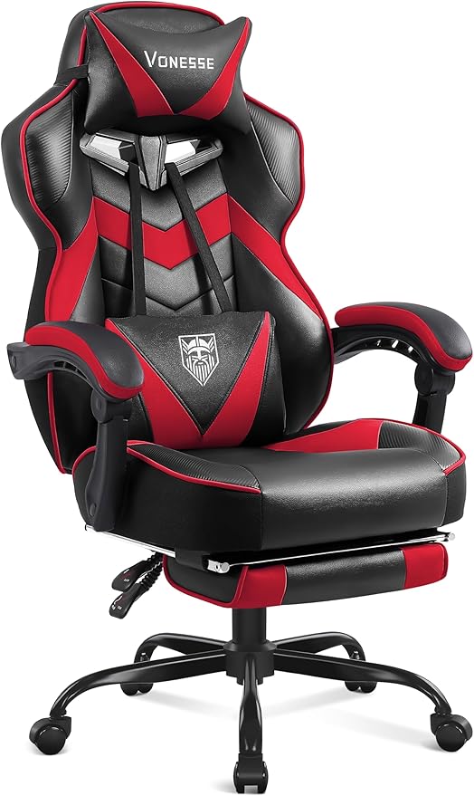 Vonesse Gaming Chair, High Back Gaming Chair with Footrest and Massage, Gaming Chairs for Adults with Pocket Spring Cushion, Big and Tall Reclining Computer Chair with Lumbar Support (Red/Black)