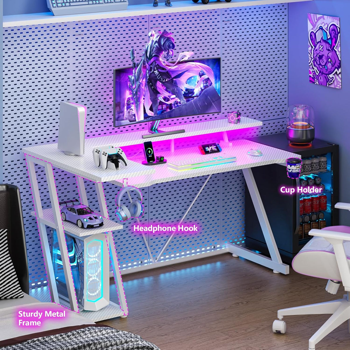55 Inch White Gaming Desk with Power Outlet & LED Lights, L Shaped Computer Desk Gaming with 3 Tiers Storage Shelves, Reversible Corner Desk with Monitor Stand for Bedroom