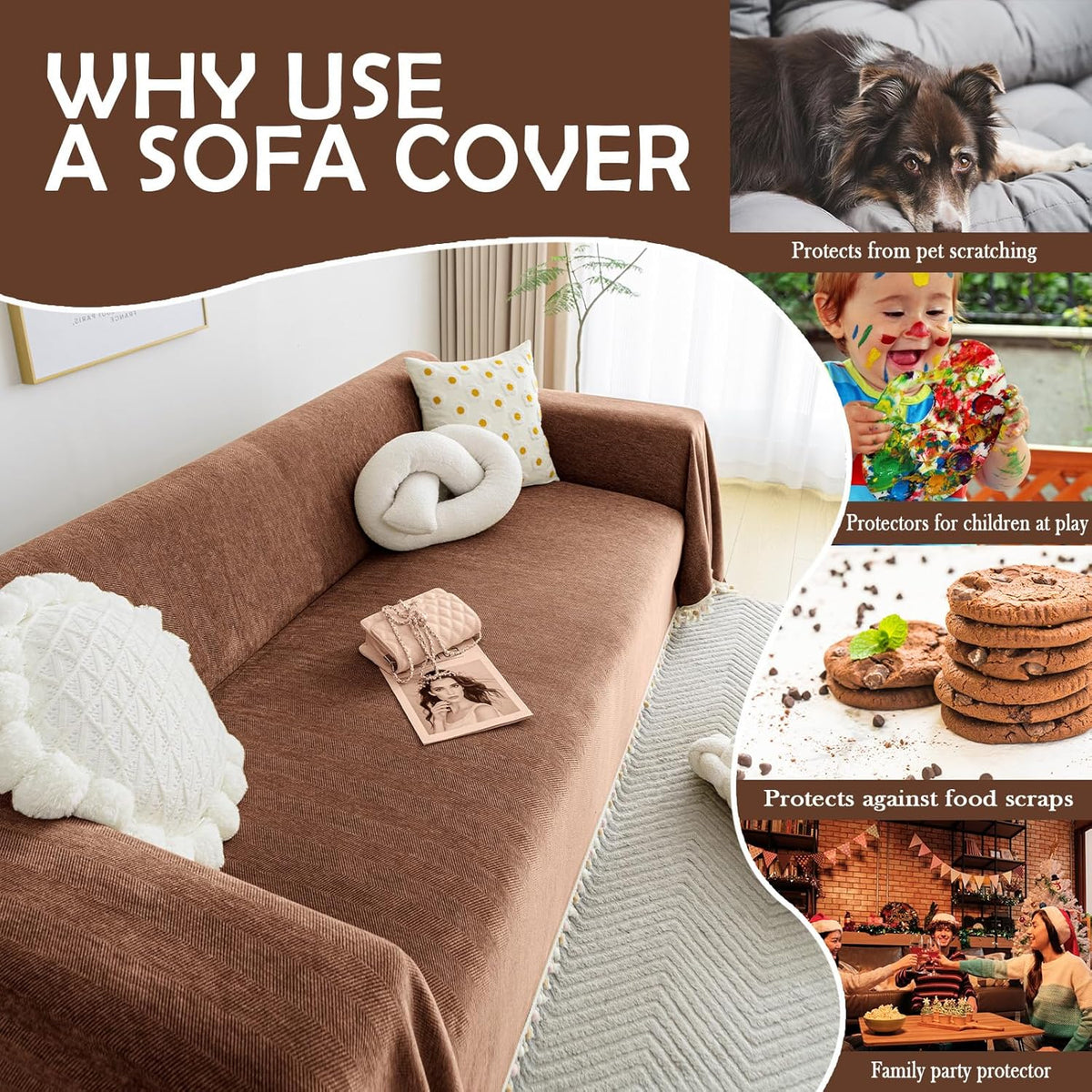 HANDONTIME Boho Style Sofa Cover with Tassels, Washable & Non-Slip Couch Cover for 3 Cushion Sofa, Herringbone Pattern Pet-Friendly Sofa Slipcover, Chocolate Color, 91"x118", Living Room Decor