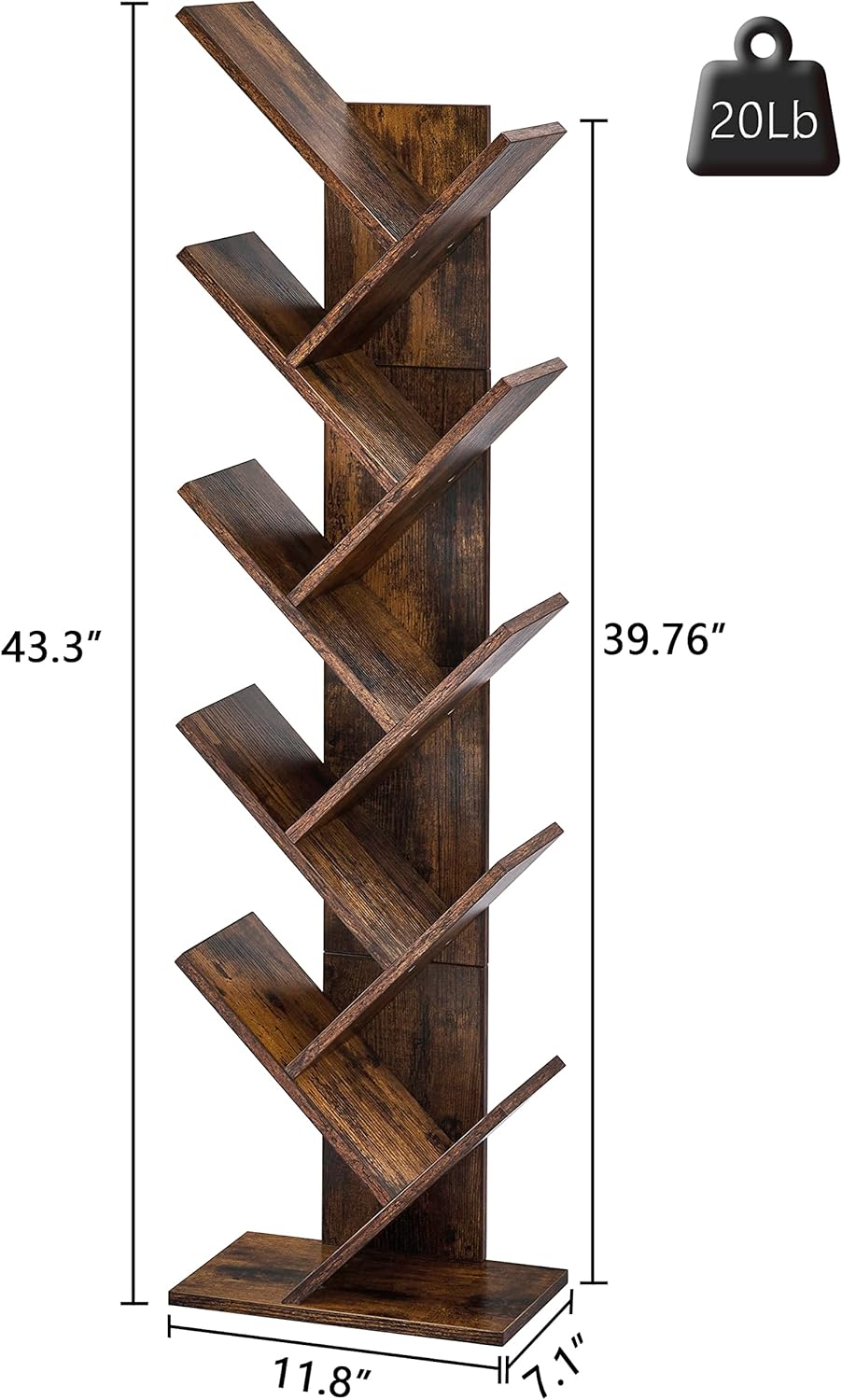 Hoctieon 10 Tier Tree Bookshelf, 10 Shelf Bookcase, Free Standing Tree Bookcase, Display Floor Standing Shelf for Books, Book Organizer Shelves for Home Office, Living Room, Bedroom, Rustic Brown