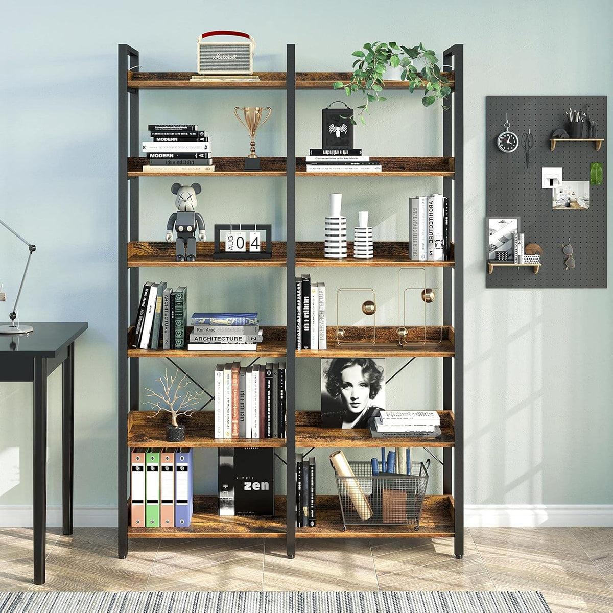 Seventable Bookshelf 6 Tier with 4 Hooks, 67” Industrial Wooden Bookcase, Vintage Storage Rack with Open Shelves, Rustic Standing Bookshelves Metal Frame 43.3” Wide Display Rack, Rustic Brown