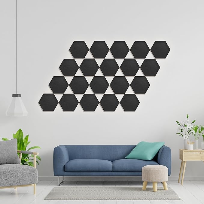 Hexagonal Acoustic Panels-12 Pack High-Density Sound Absorbing Panels 12"X10"X0.4" for Enhanced Noise Reduction, DIY Design, Idea for Studios, Offices, and Home Theaters(Black)