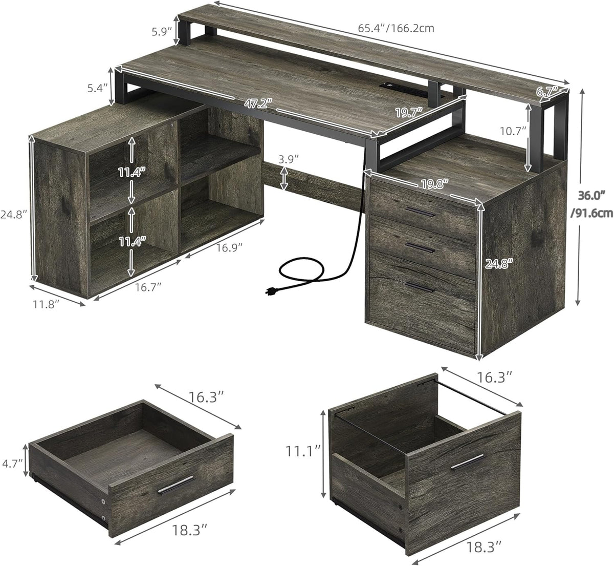 DWVO L Shaped Desk with Drawers, 65" Computer Desk with Power Outlets & LED Lights, Corner Home Office Desk with Storage Shelves & Printer Stand, Grey