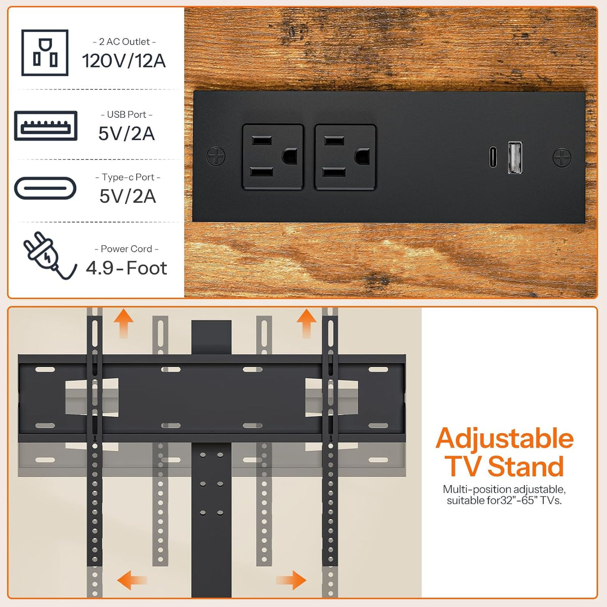 HOOBRO TV Stand with Mount and Power Outlet, for 32/45/55/60/65 inch TVs, Swivel Led Entertainment Center with Drawers, Adjustable Media Console for Living Room, Bedroom, Rustic Brown BF130UDDS01