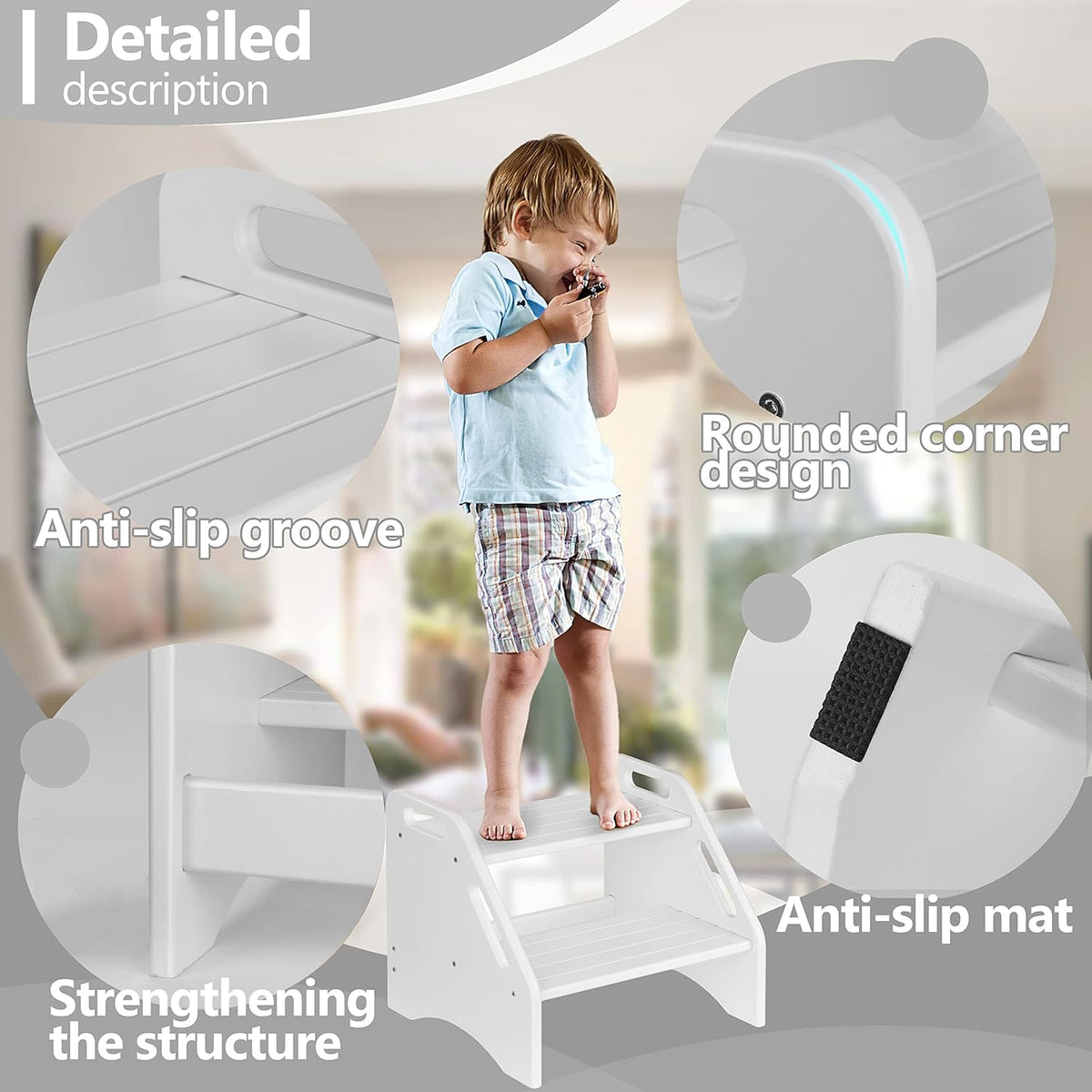 AMBIRD Wooden Two Step Stools Toddler with Safety Non-Slip Pads and Handles, Bamboo Step Stool for Bathroom, Bedroom, Kitchen Dual Height Step Stools for Kids (White)