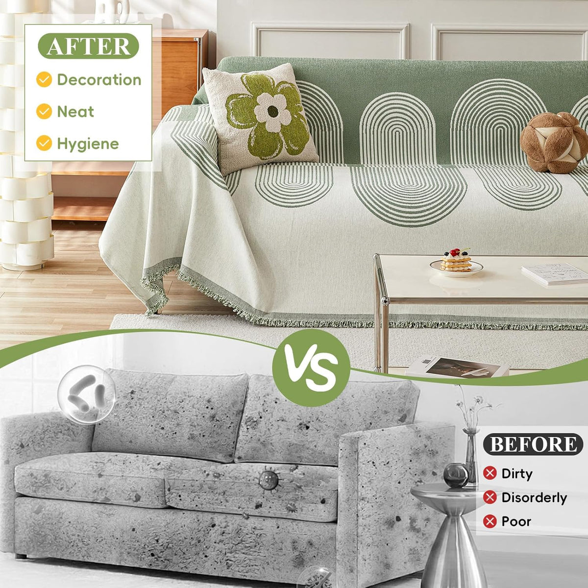 STACYPIK Modern Green Striped Couch Cover for Pets, Boho Geometric Sofa Cover for 2 Cushion Couch, Boho Chenille Sofa Cover for Dogs, Sofa Slipcover for Sectional, Throw Cover for Loveseat-71X118IN