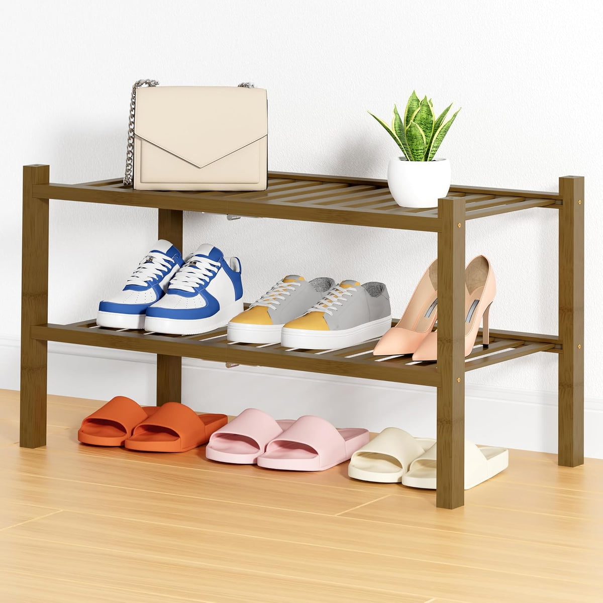 Smiry Shoe Rack, 2 Tier Thick Bamboo Shoe Organizer, Stackable Free Standing Wooden Shoe Storage Shelf for Closet, Entryway, Front Door Entrance, Walnut
