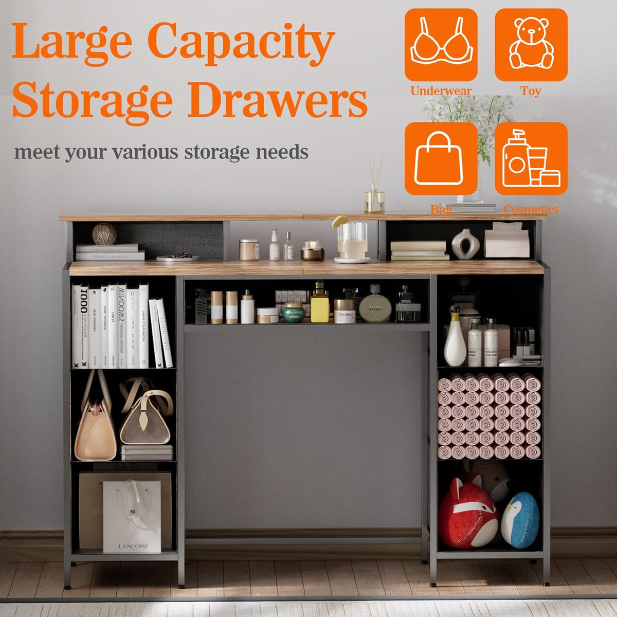 Dresser for Bedroom with 9 Drawers & 2 Open Shelves, Fabric Storage Cabinet, Chest of Drawers, Long Dresser for Closet, Wooden Top & Metal Frame, Pattern