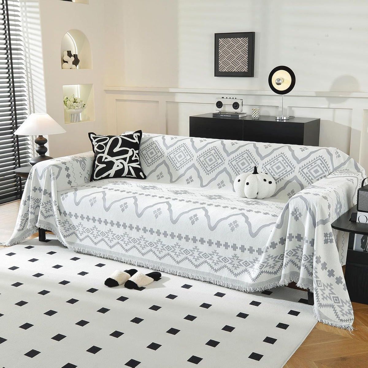 LUFEIJIASHI Boho Couch Covers for Sofa Non Slip Sofa Covers Washable Couch Covers for 3 Cushion Couch Sofa Pet Friendly Sectional Couch Cover Blanket Furniture Protector for Dogs (Grey, 91"x134")