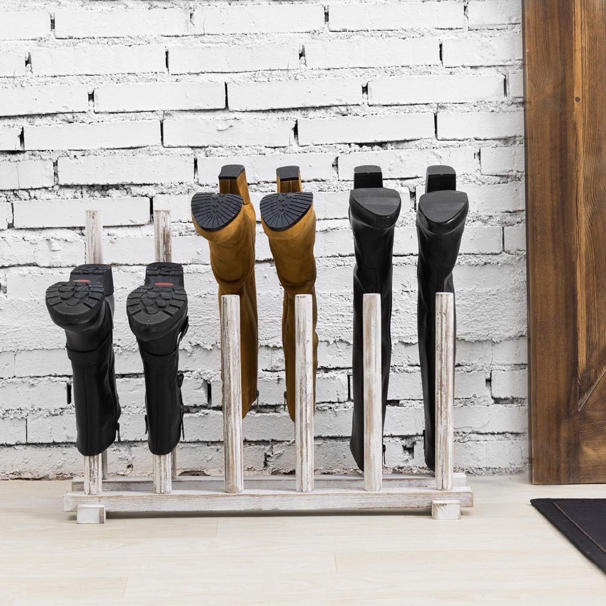 MyGift Shabby Whitewashed Wood Boot Rack Organizer Tall Boots Inverter Holder - Holds up to 6 Pairs