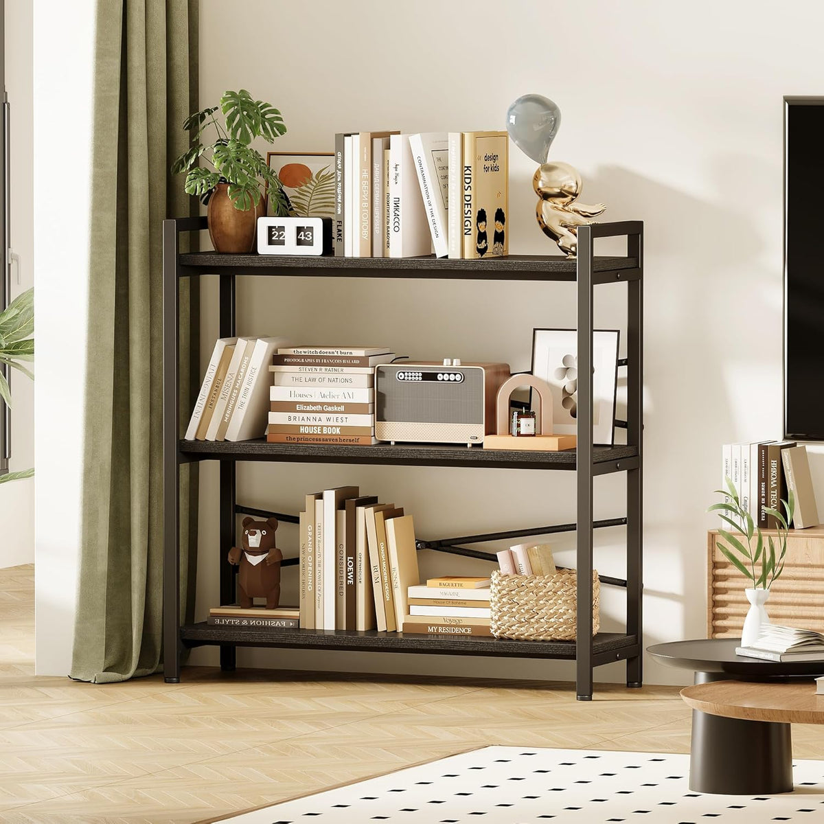Book Shelf, 3 Tier Bookshelf 31.49" Width, Book Shelf Storage and Organization, Wooden and Metal Industrial Bookcase, Large Book Shelves for Home Living Room Bedroom Office Storage(Black)