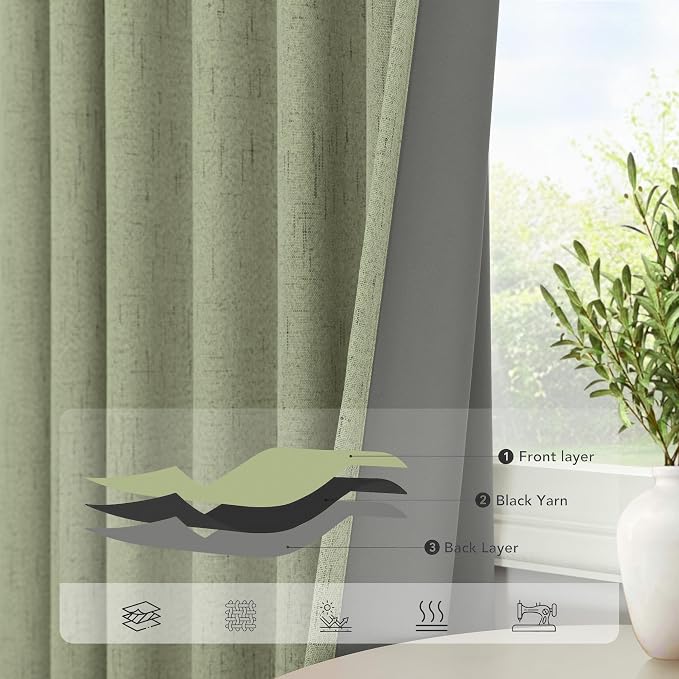 Pitalk Light Sage Green Black Out Curtains 63 Inch Long 2 Panel Set Back Tab