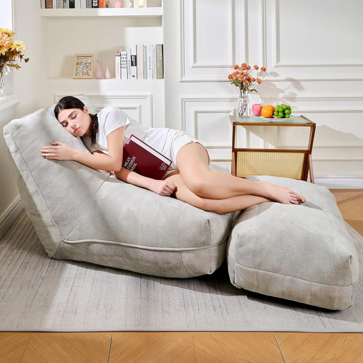 Bean Bag Chair with Ottoman, Comfy Bean Bag Sofa with Memory Foam, Lazy BeanBag Sofa with Footstool, Fireside Bean Bag Couch for Living Room, Bedroom, Apartment (Gray)