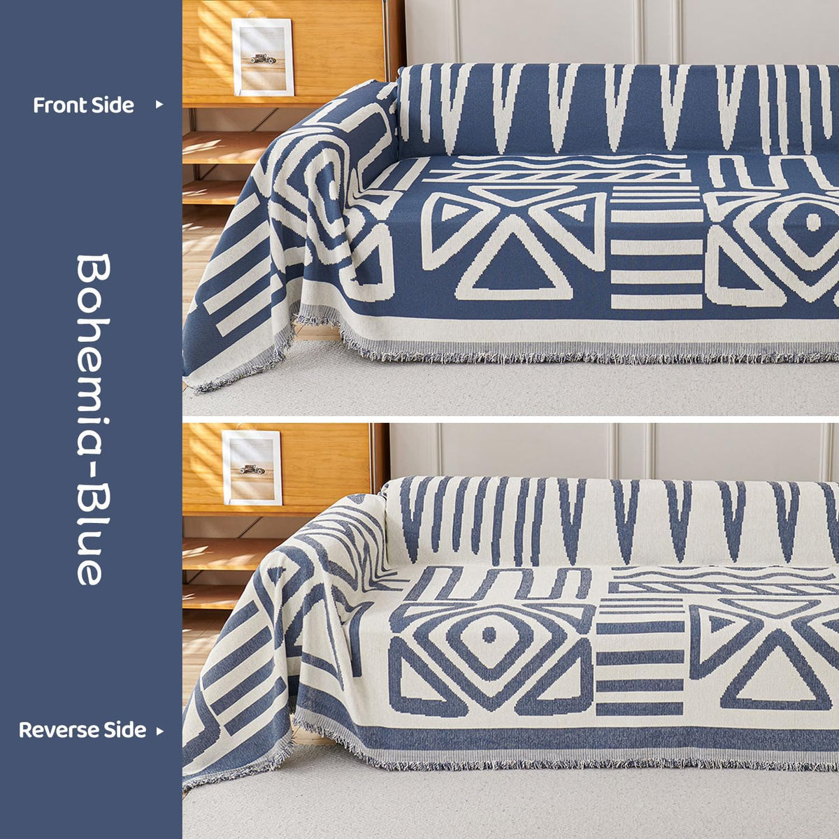 STACYPIK Boho Chenille Couch Cover, Blue Jacquard Sofa Cover for 3 Cushion Couch, Reversible Furniture Protector, Anti Slip Geometric Couch Covers for Sectional, Loveseat Cover Pet-Friendly-71X134IN