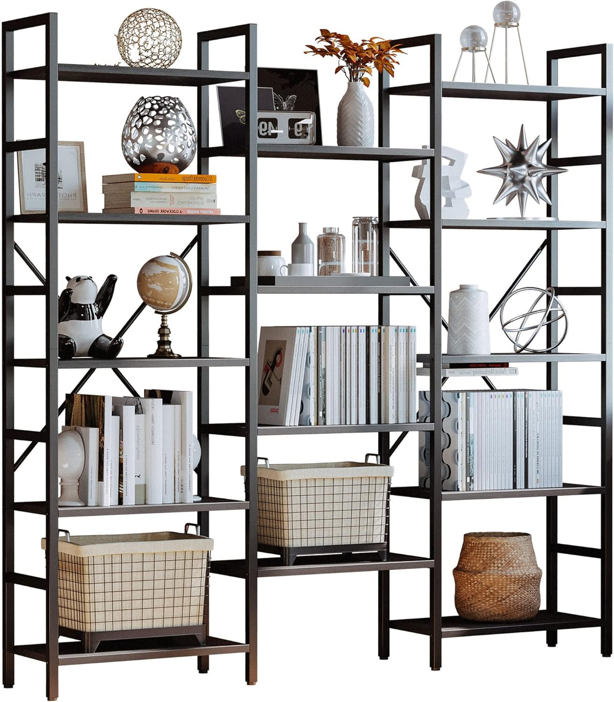 IRONCK Bookcases and Bookshelves Triple Wide 5 Tiers Industrial Bookshelf, Large Etagere Bookshelf Open Display Shelves with Metal Frame for Living Room Bedroom Home Office