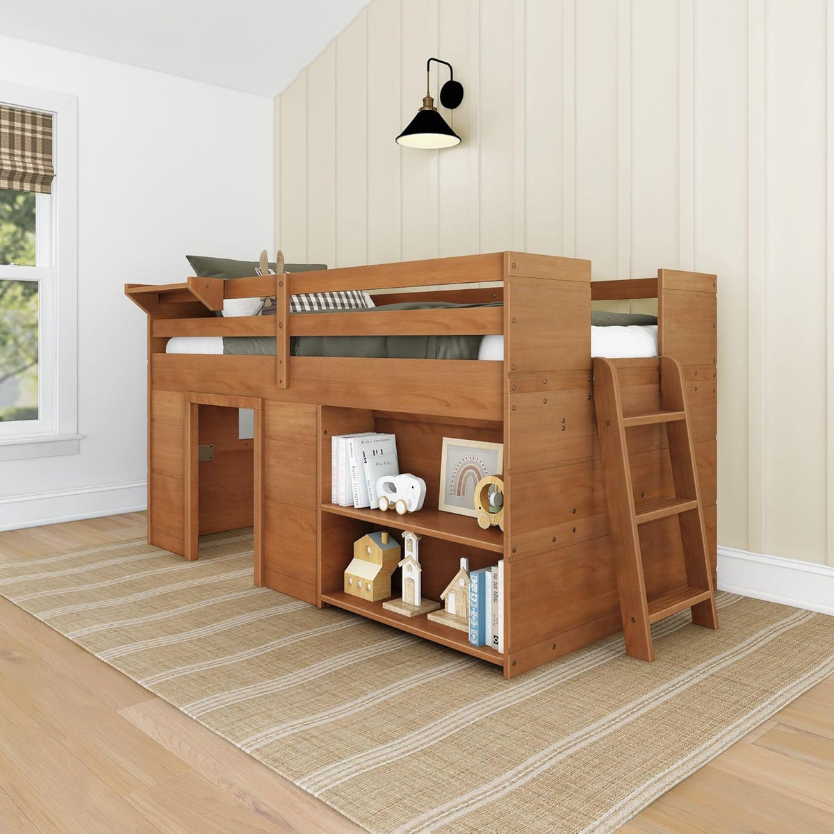 Max & Lily Modern Farmhouse Twin Low Loft Bed with Bookcase - Solid Wood, 15” Guardrails, 400-lb Capacity, Low-VOC Finish, Farmhouse Pecan
