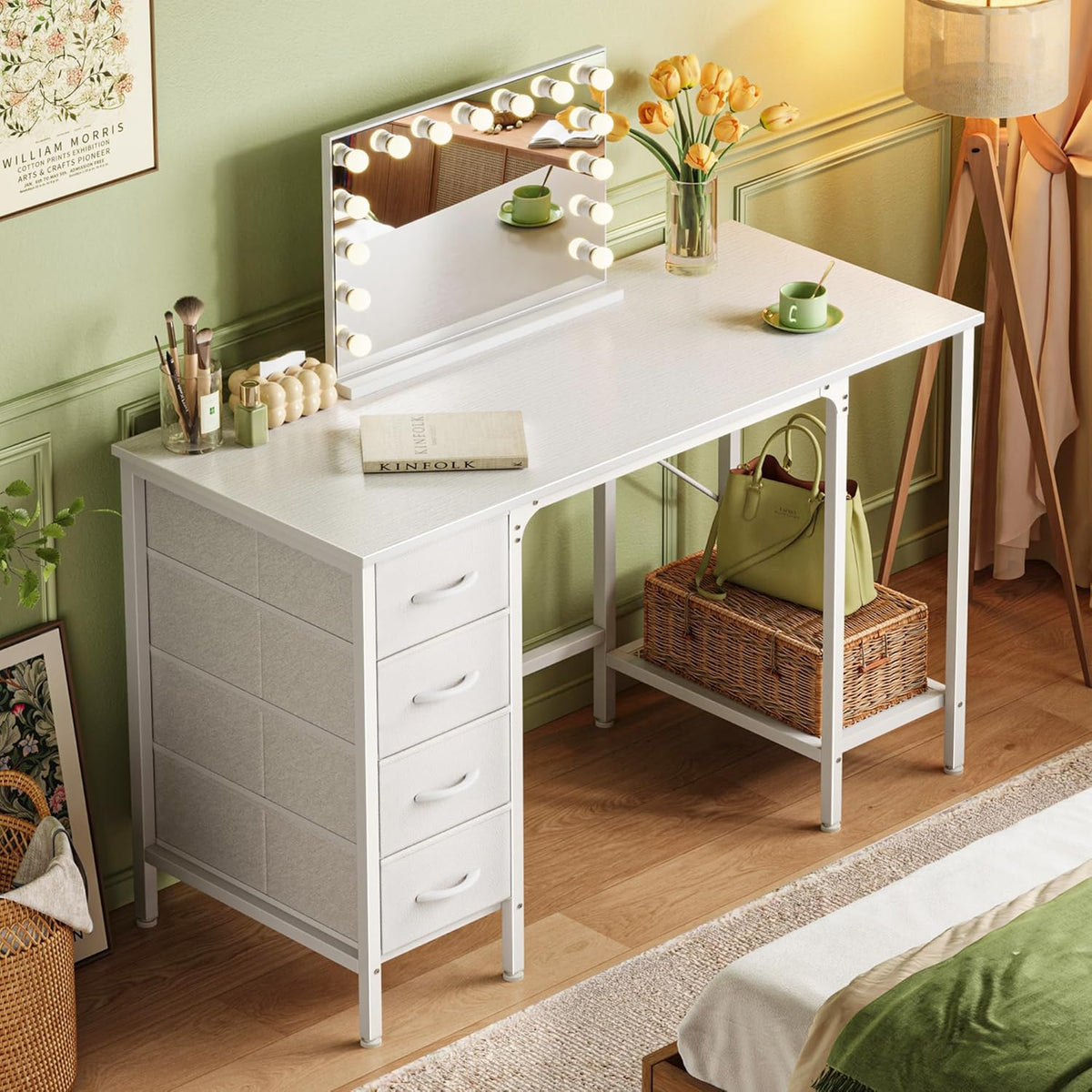Huuger 47 Inch White Desk with 4 Drawers, Vanity Desk with Mesh Shelf, Study Table with Large Storage, Computer Desk for Home Office, Bedroom, Work from Home