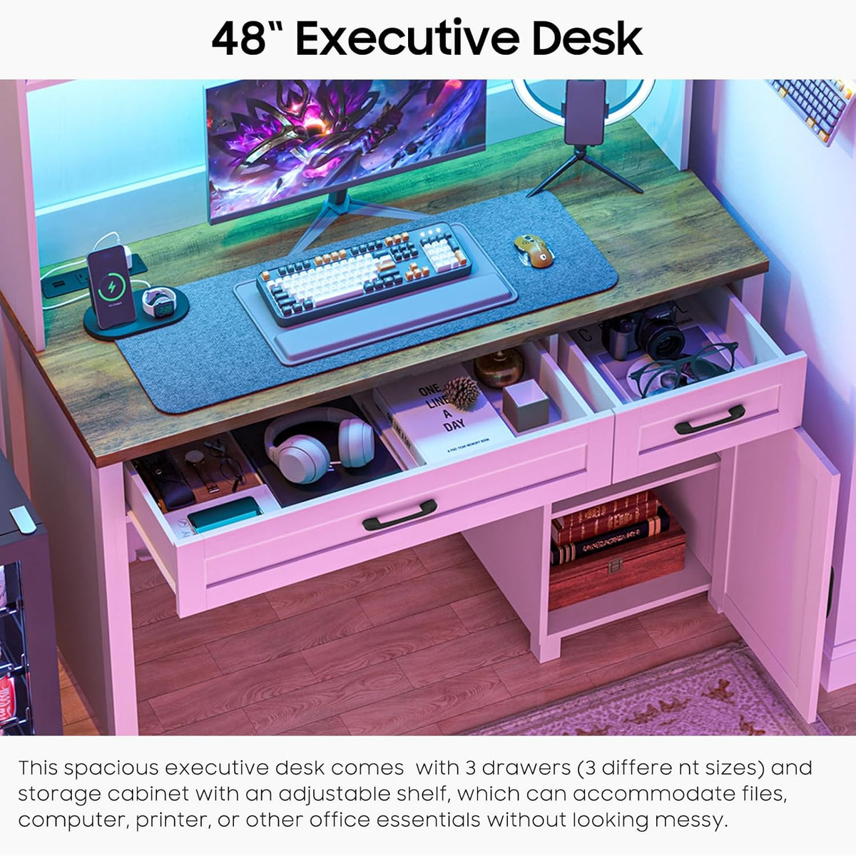 Farmhouse 47" Executive Desk, Computer Desk with 2 Drawers, LED Light and Storage Cabinet, Home Office Desk with Hutch, Charging Hub, Workstation for Home Office and Study.Unique White