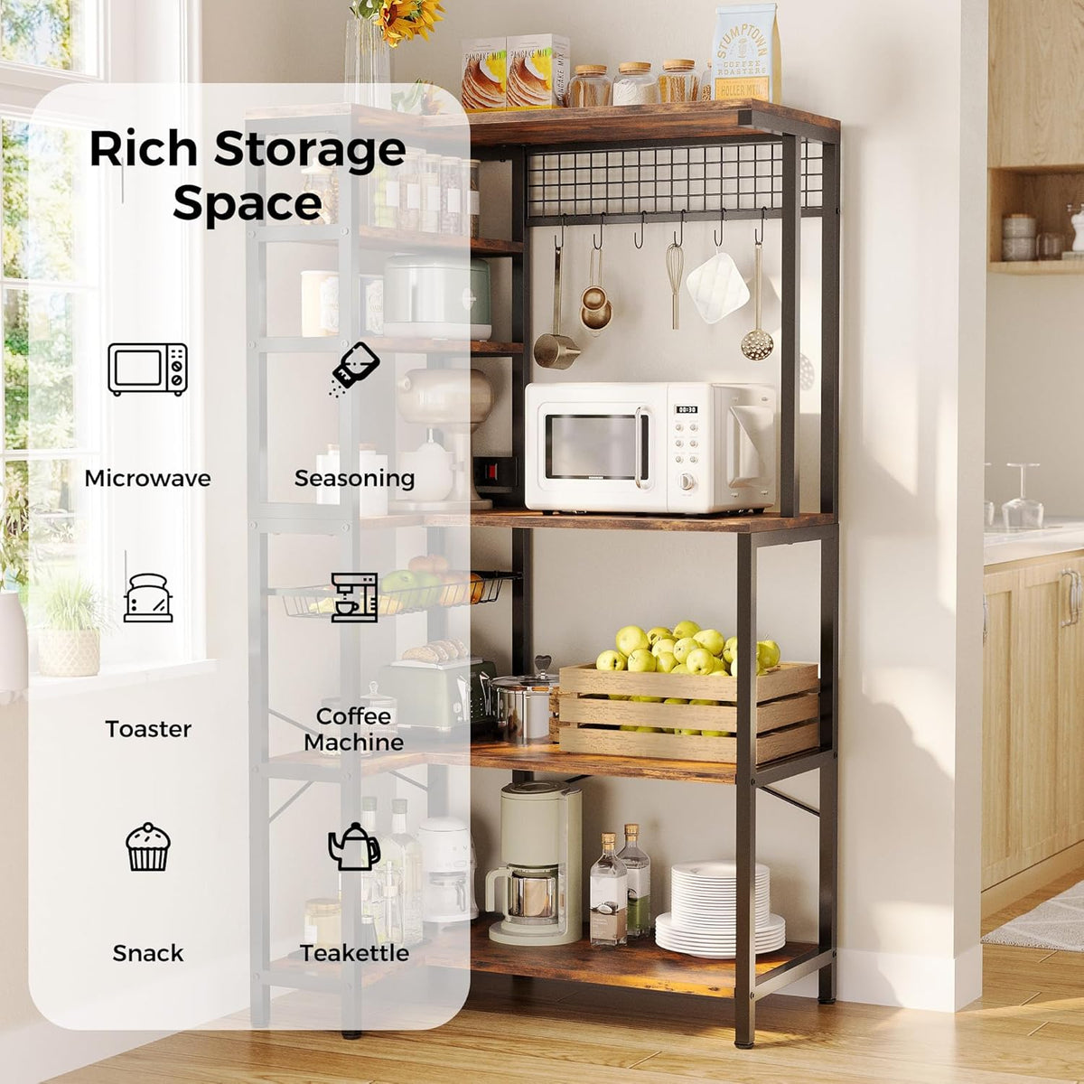 IRONCK Bakers Rack with Power Outlet, 5-Tier Corner Microwave Stand with Storage, Coffee Bar with 6 S-Shaped Hooks, Kitchen Shelves with Wire Basket