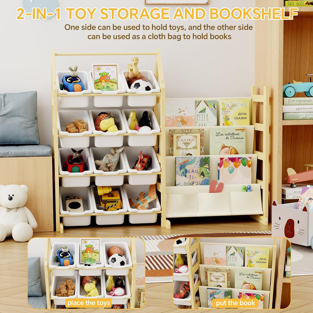 Wooden Toy Storage Organizer Kids Bookshelf, with 12 Toy Organizer Bins, Child Book Shelf for Kids Rooms, Nursery, Baby Room, Playroom, Montessori Toys Storage Organizers Rack Bookcase Shelves