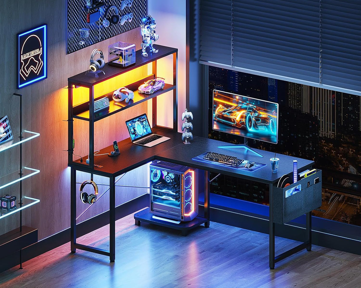Casaottima Gaming Desk with Power Outlets & LED Lights, 43 Inch Reversible L Shaped Computer Desk with Shelves & Storage Bag, Corner Desk for Home Office, Black