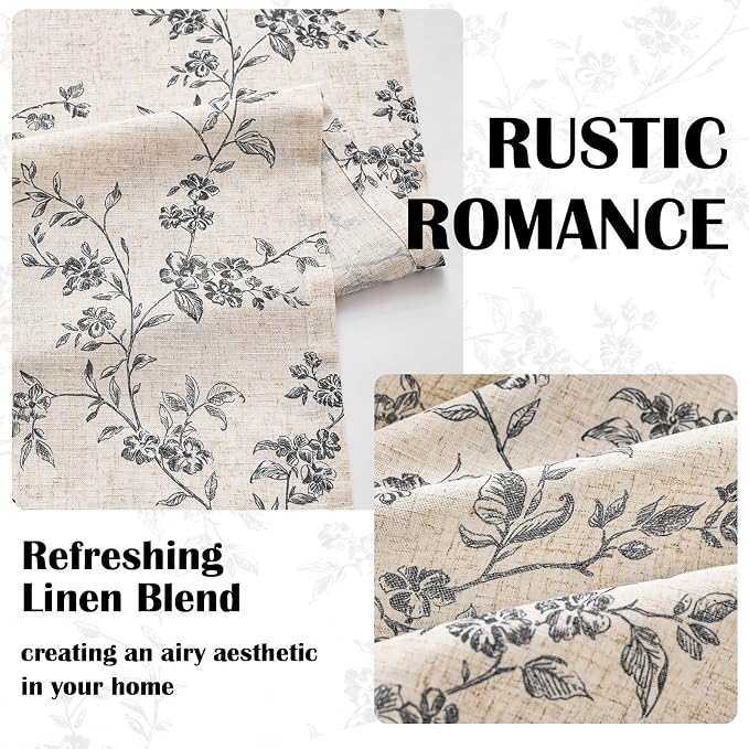 Lazzzy Farmhouse Linen Curtains Black Floral Curtains 90 Inch Length Back Tab