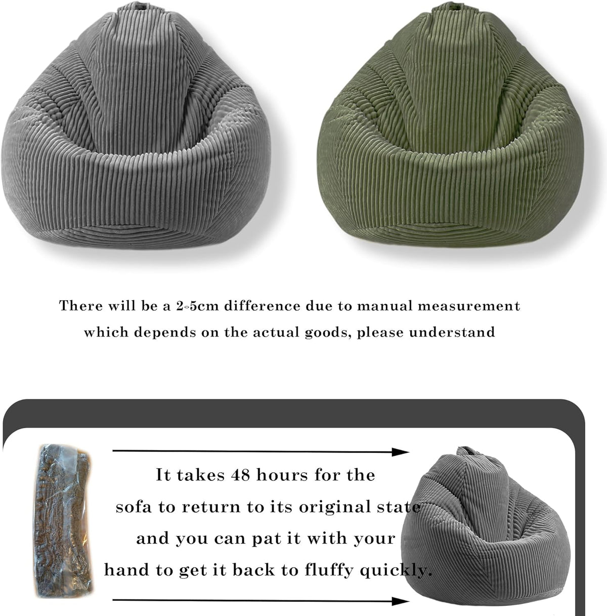 LPMOERA Bean Bag Chairs for Kids/Teen with Memory Foam Filling Bean Bag Sofa with Soft Corduroy Fabric BeanBag Chair for Living Room Bedroom College Dorm Reading Chair Green