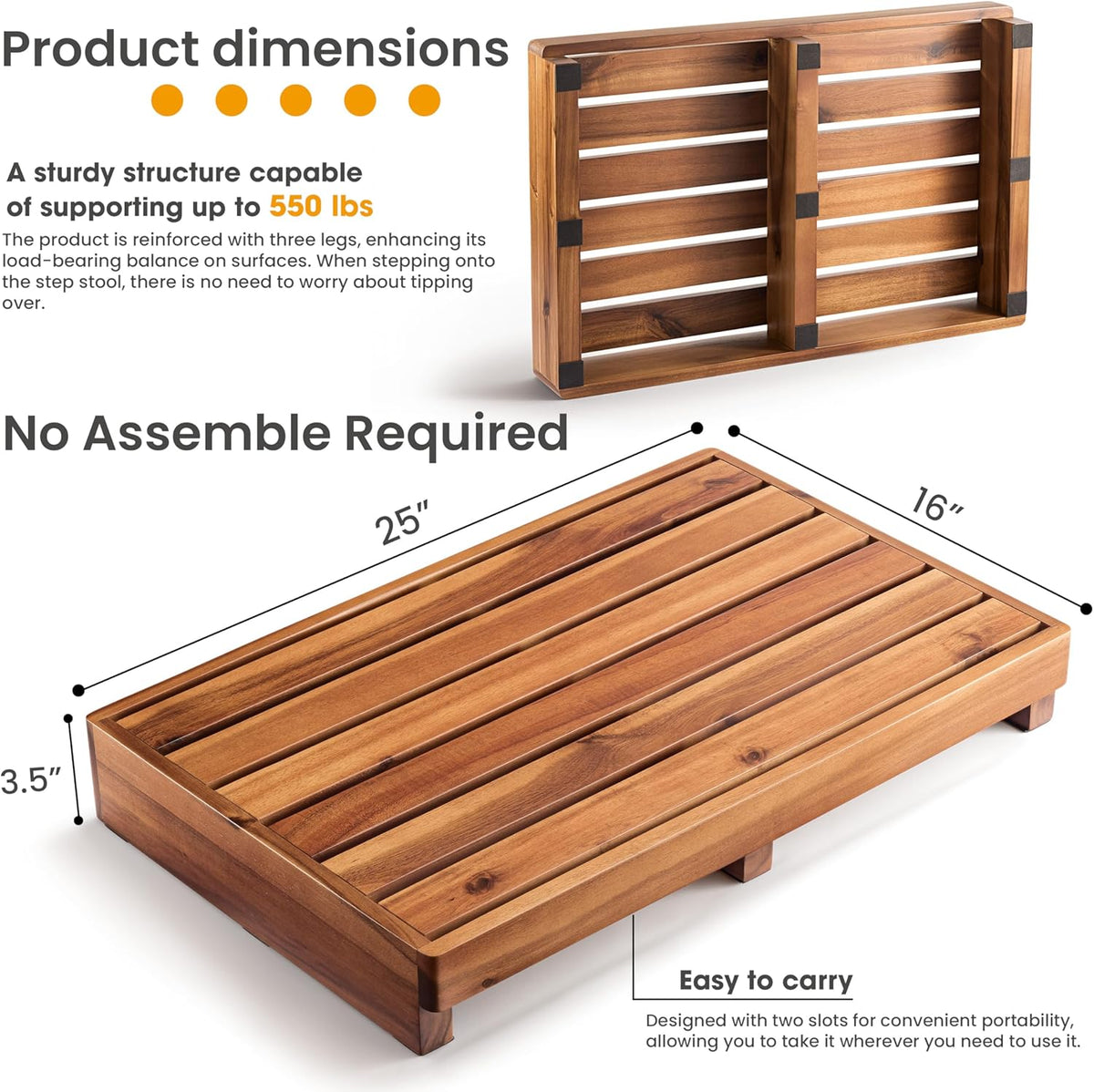 TINAMO 3.5" One Step Stool for Elderly, Acacia Wood High Riser Step Stool for Bed - 550 Lbs Wooden Mobility Stepping Stools for Adults, Kids/Bedside, Bathroom, Kitchen, Garden (Acacia, 3.5" Height)
