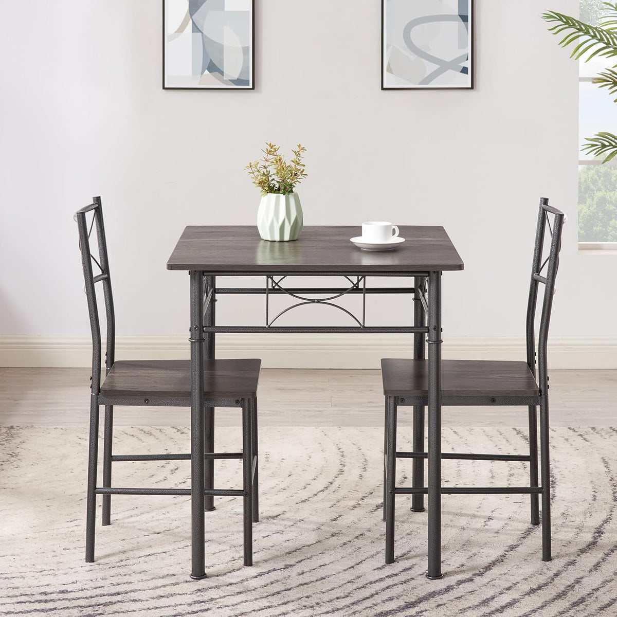 JOIN IRON 3-Piece Metal and Wood Indoor Modern Square Dining Table Furniture Set for Kitchen, Dining Room, Dinette, Breakfast Nook w/ 2Chairs - Gray
