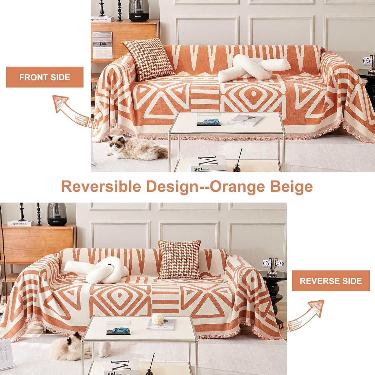 STACYPIK Soft Thick Boho Orange Loveseat Sofa Covers Modern Geometric Couch Cover for 1 Cushion Couch Reversible Pet-Friendly Protector Covers with Tassels Washable Caramel Sofa Throw Covers-71X71IN