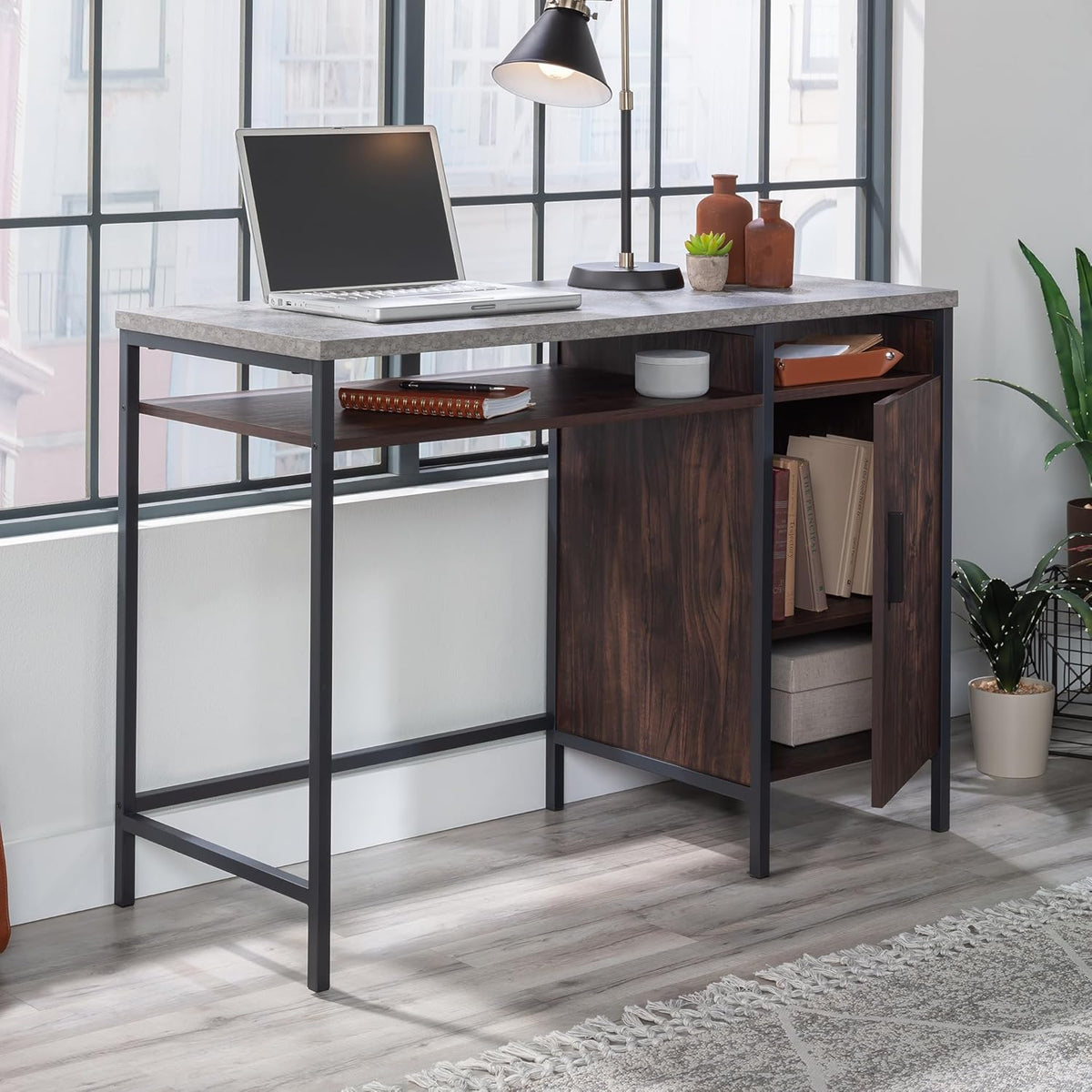 Sauder Market Commons Single Pedestal Desk, Rich Walnut Finish
