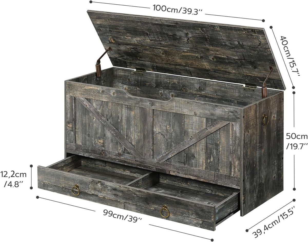 HOOBRO Storage Chest, 39.3" Toy Chest with Drawer, Wooden Storage Bench, Sturdy Entryway Bench Supports 220 lb, Shoe Bench, Safety Hinge, U-Shaped Opening, Easy Assembly, Vintage Gray VP710CW01G1