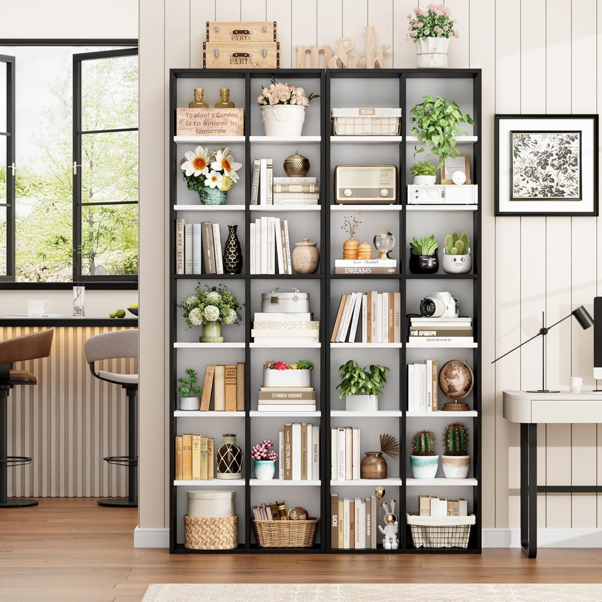 FOTOSOK 71'' Tall Bookshelf, Double Wide Media Tower Rack CD DVD Rack Display Cabinet with Adjustable Shelves, Tall Narrow Bookcase Bookshelf for Home Office, White/Black