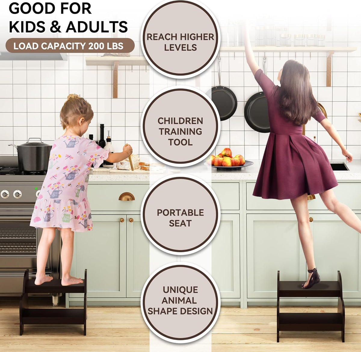 Wood Step Stools for Kids, Child Two Step Stool of Horse Shape, Toddler Step Stools Potty Training Stool, Easy to Move Safety for Kitchen, Bathroom, Bedroom, Toilet