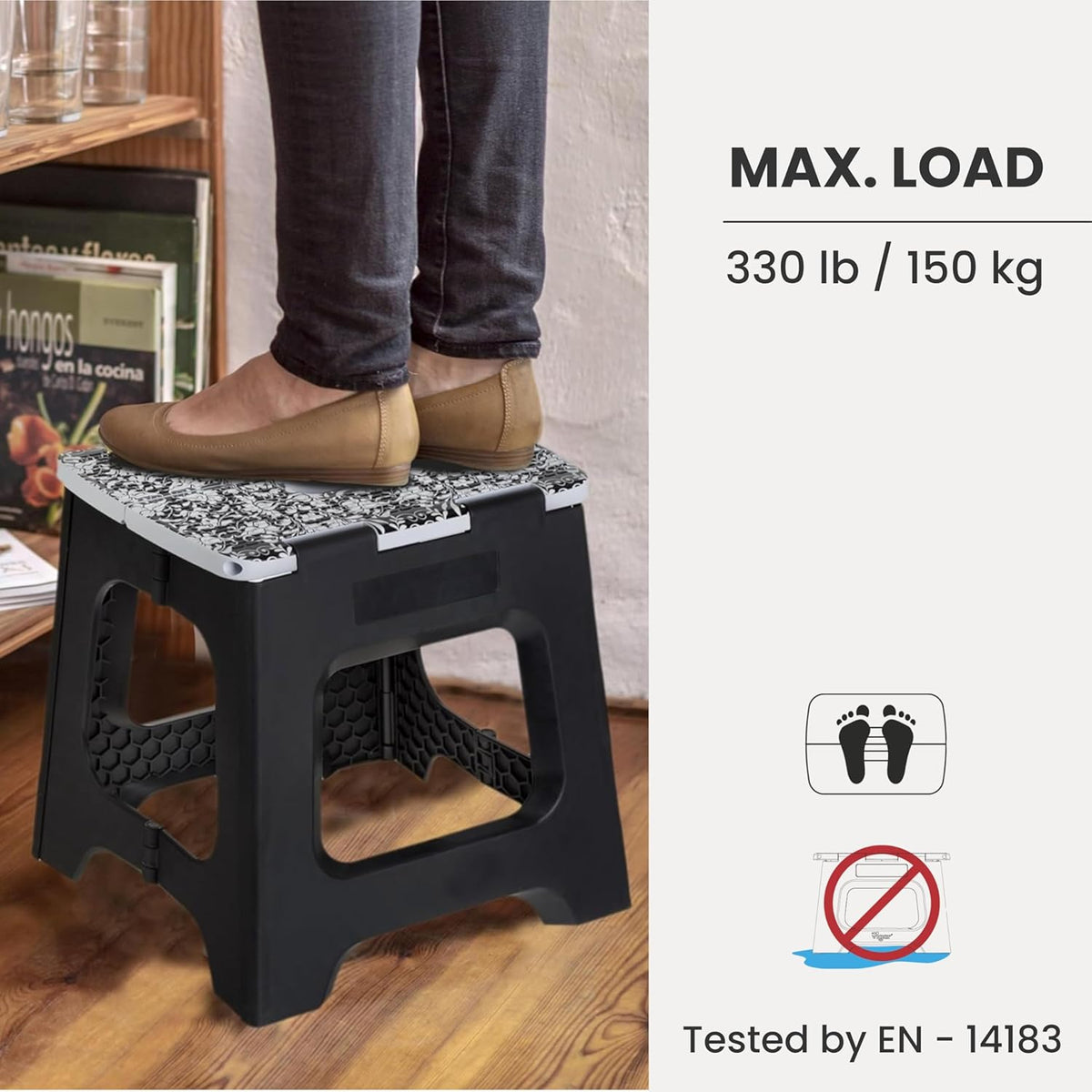 Vigar Compact Step Stool Foldable, 12-1/2-inch Step Stools for Adults up to 330 Pound, Lightweight Stool, Non-Slip Folding Step Stool, Rococco Black