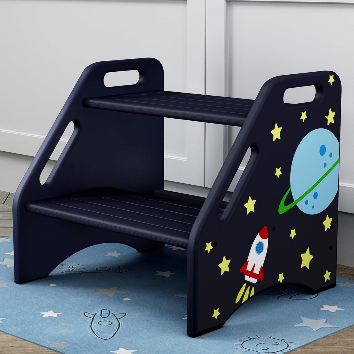 AMBIRD Toddler Step Stool, Space Wooden Two Step Stool for Kids with Non-Slip Pads, Portable Potty Training Stool with Handles for Bathroom, Sink, Kitchen, Bedroom