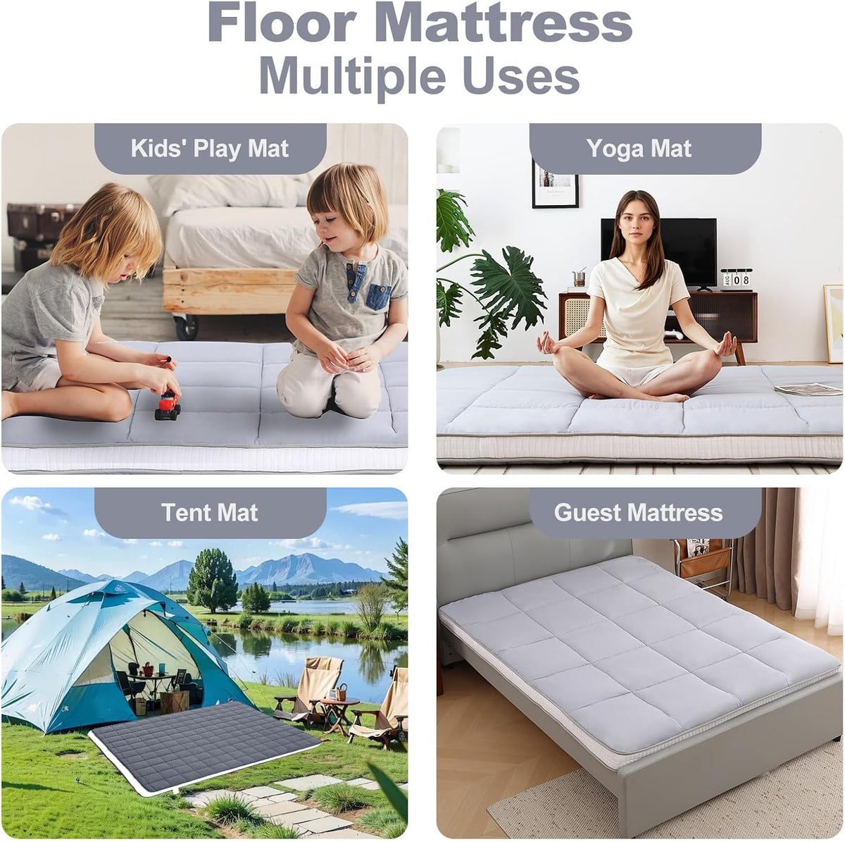 Tiita Queen Memory Foam Mattress Topper, 4" Thicken Futon Floor Mattress with Storage Bag and 2 Straps, Portable Roll Up Travel Car Camping Mattress Sleeping Pad, Grey