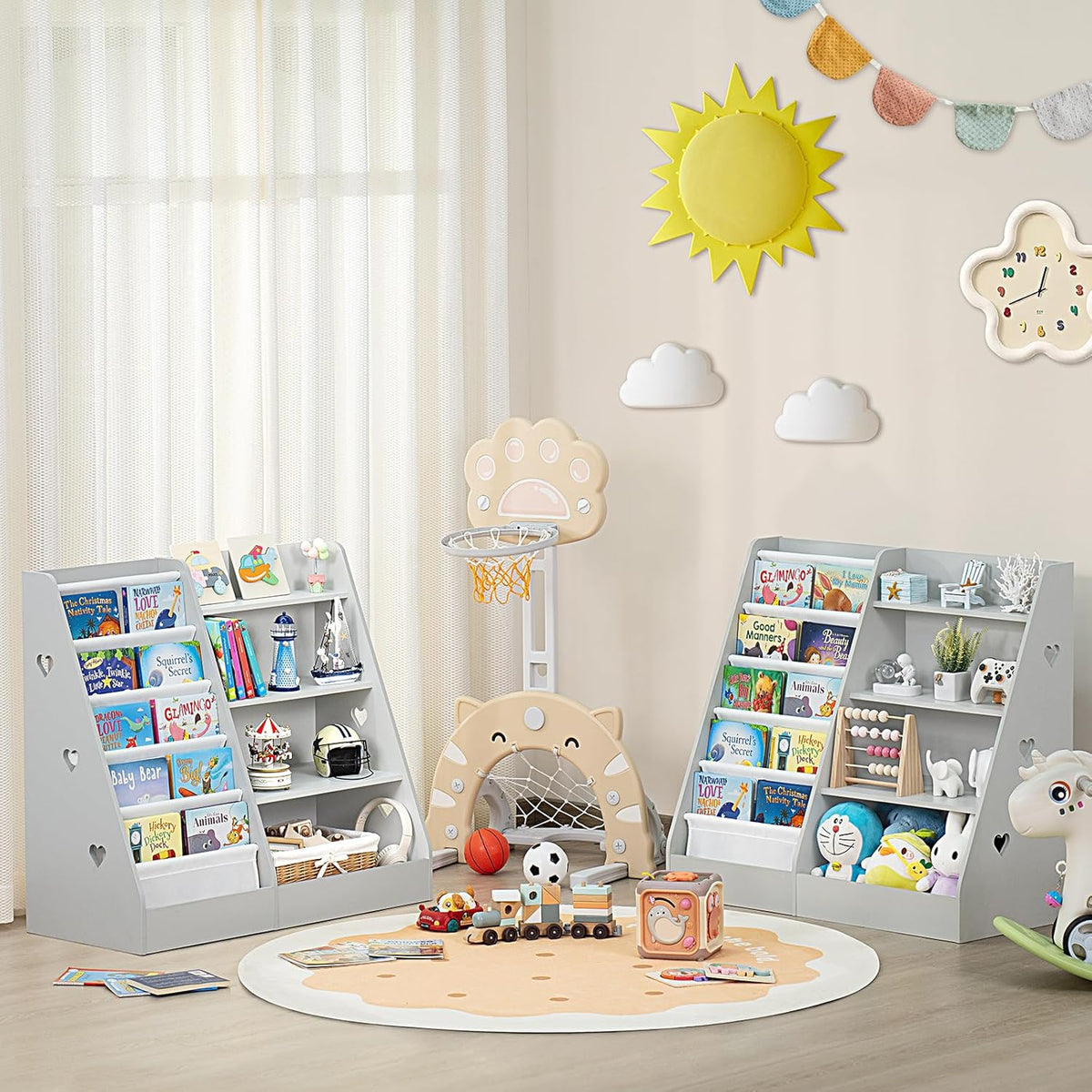 Lerliuo 4 Tier Kids Bookshelf and Storage Organizer, Five Layer Sling Children Bookcase, Baby Toddler Wooden Book Shelf, Display Cabinet for Playroom, Bedroom, Classroom, Nursery, School (Grey)