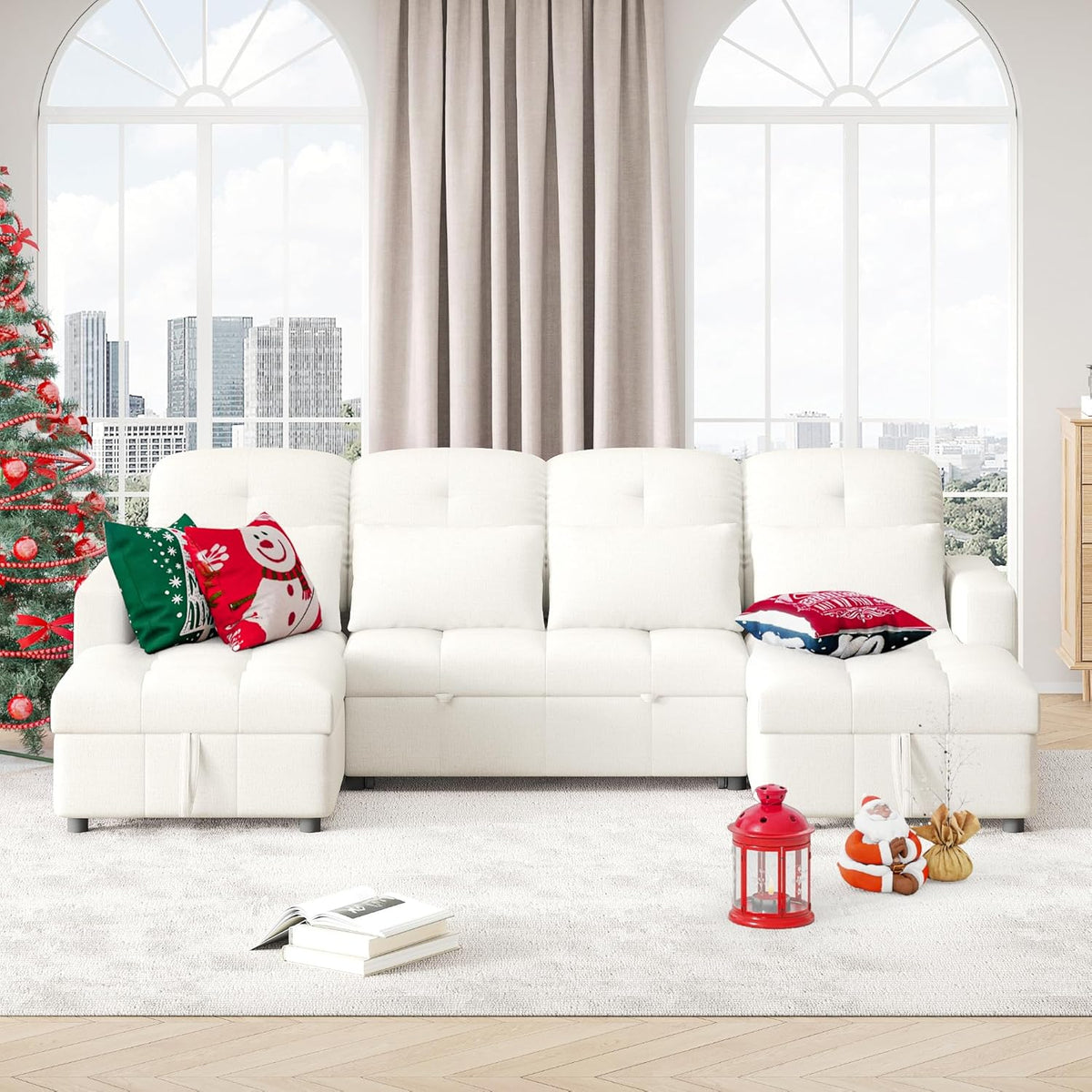 Ball & Cast 110.2" Oversized Versatile Sectional Sleep Sofa with Two USB Ports,U-Shape 4 Seat Pull-Out Couch w/Double Storage Chaise Lounges,for Living Room,Apartment,Office,Beige