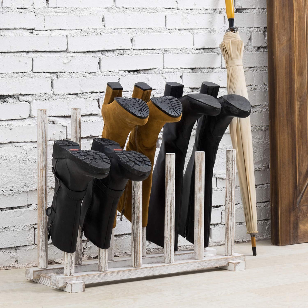 MyGift Shabby Whitewashed Wood Boot Rack Organizer Tall Boots Inverter Holder - Holds up to 6 Pairs