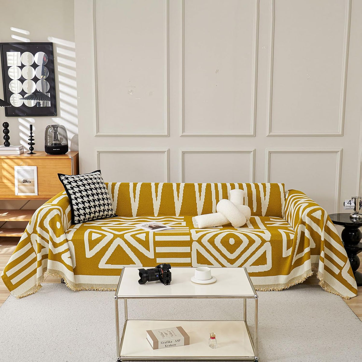 STACYPIK Mustard Yellow Boho Sofa Cover Couch Cover Reversible Jacquard Furniture Protector for 3 Cushion Couch L Shaped Sofa Slipcover Non-Silp Sofa Cushion Covers for Sectional with Tassels-91X150IN