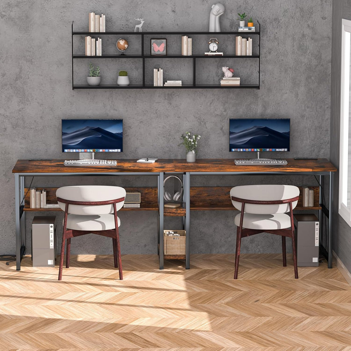 78.74" Two Person Desk with 2 Power Strips, Double Desk with Shelves, Long Computer Desk for Two People, Wood Writing Desk Workstation for Home Office, 23.62"D x 78.74"W x 29.52"H, Rustic Brown
