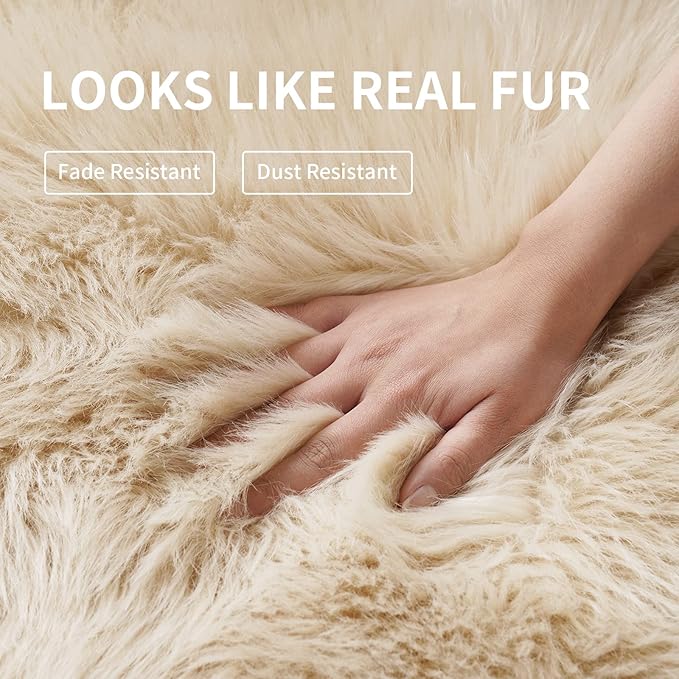 Beige Fluffy Rug for Bedroom, Soft Shag Rug for Sofa Couch Cushion, Cozy Shaggy