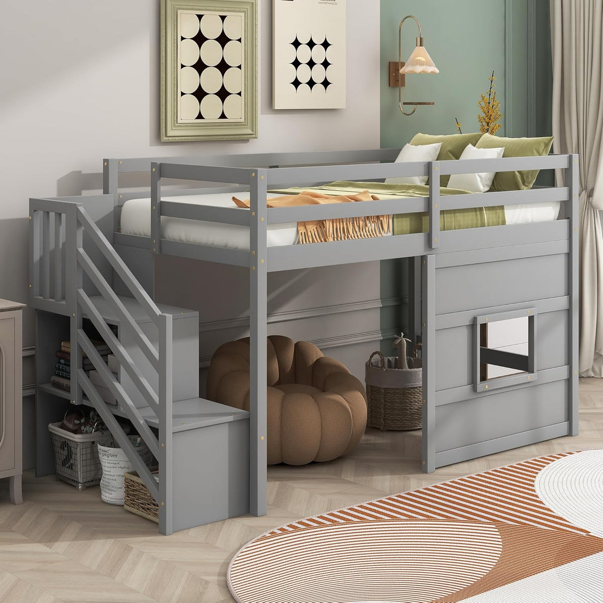 Twin Size Loft Bed with Storage Staircase and Window,Wood Twin Loft Bunk Bedframe with Full-Length Guardrail and Sturdy Slat Support, No Noise,No Box Spring Needed,for Kids,Teens,Boys,Girls,Gray